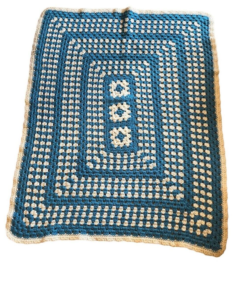VTG Blue White Crochet Grannycore Lap Baby Afghan Blanket Handmade 43x35.5”